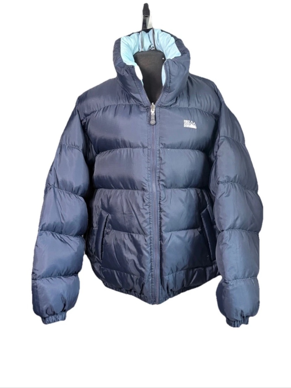 Vintage First Down Reversible Down Puffer Jacket 90s Y2K Blue Navy